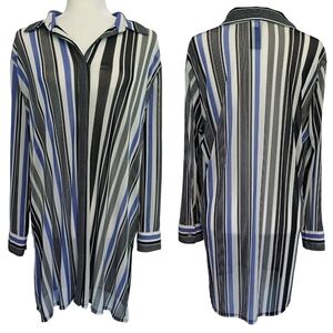 Chico's Travelers Black White Blue Striped Mesh Button-Up Shirt Tunic Longline